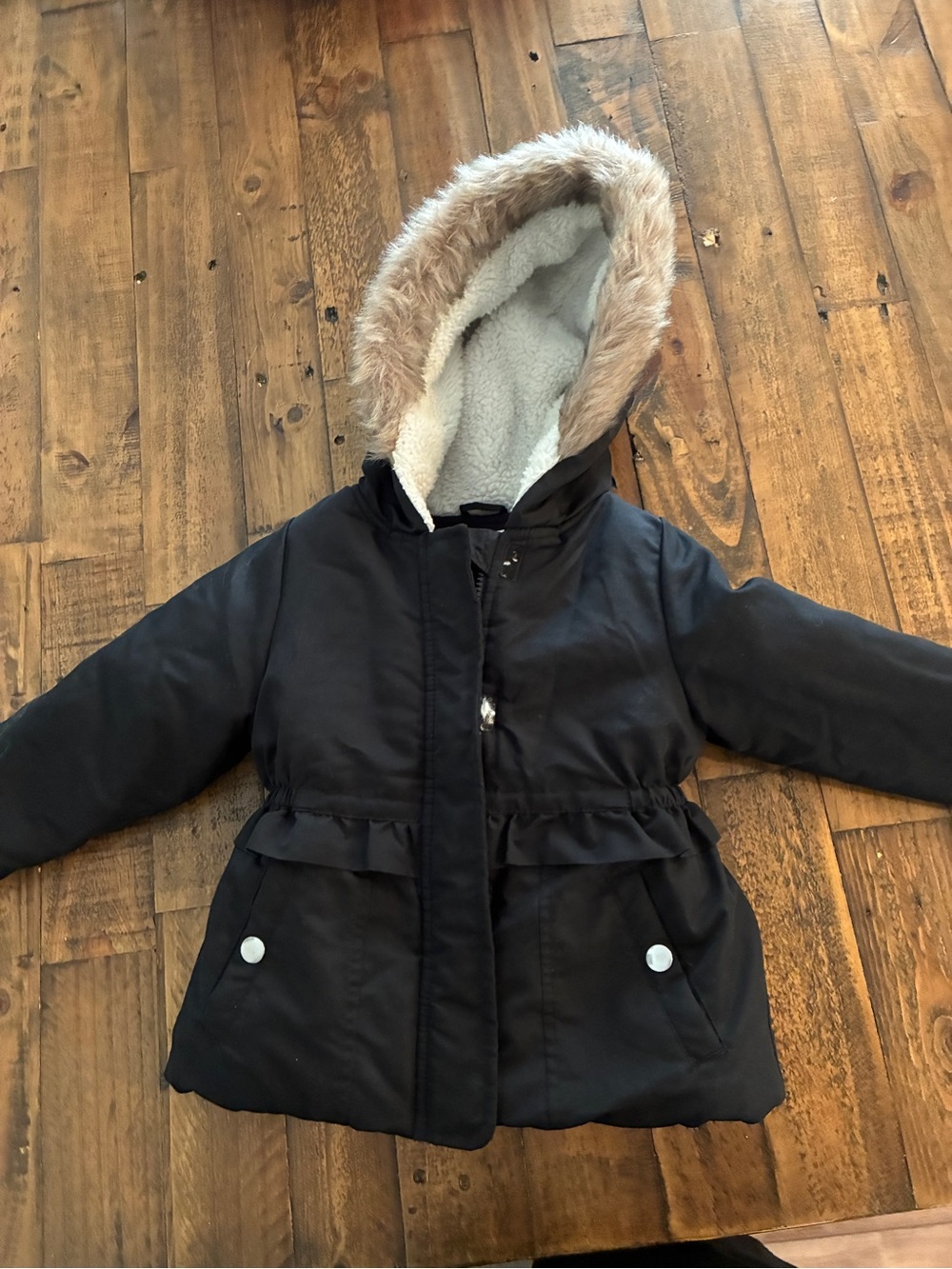 2T Toddler Girls' Black Hooded Winter Coat with Faux Fur Trim